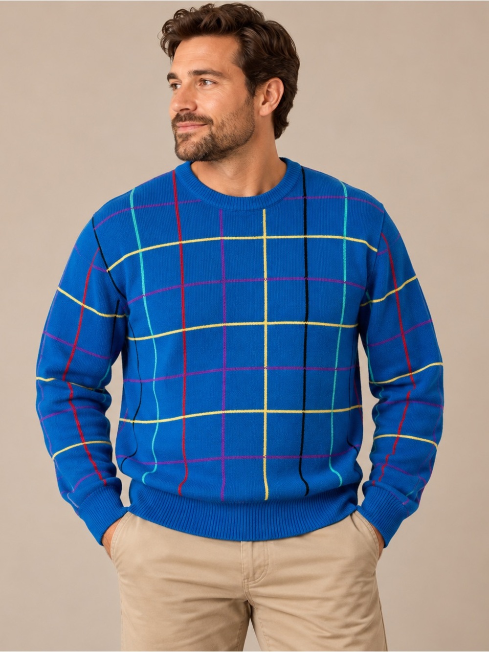 United Colors Of Benetton Teal Blue Plaid Crewneck Sweater